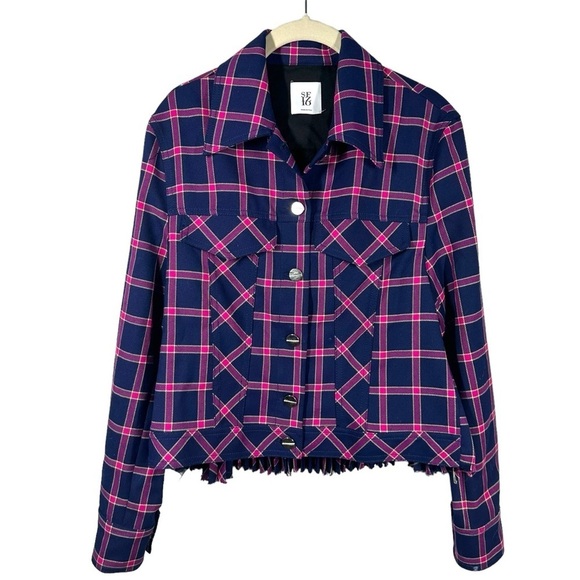 SFIZIO Plaid Jacket‎ Women's XS Blue Pink Pleated Preppy Clueless Y2K - Picture 1 of 10